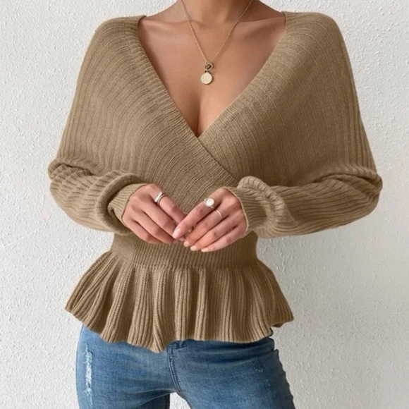 Cozy Ribbed Batwing Peplum Ruffle Sweater Top - Picture 4 of 14